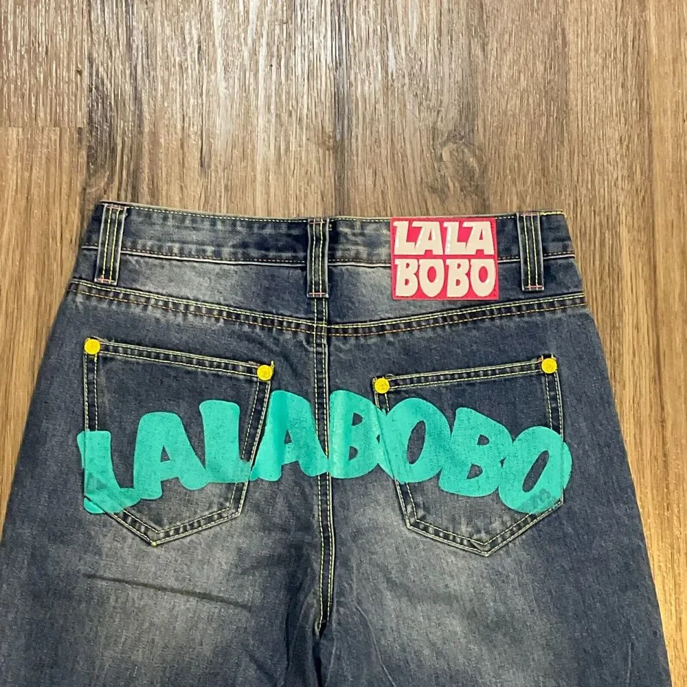 New Lala Bobo Jeans Vintage Blue Denim Graphic Print Sequin Size‎ 29 NWT